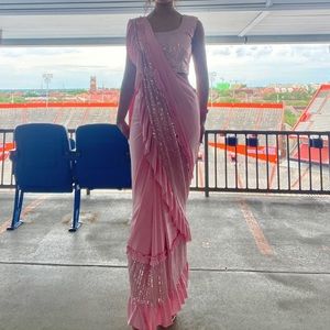 Pink modern saree, pre-stitched